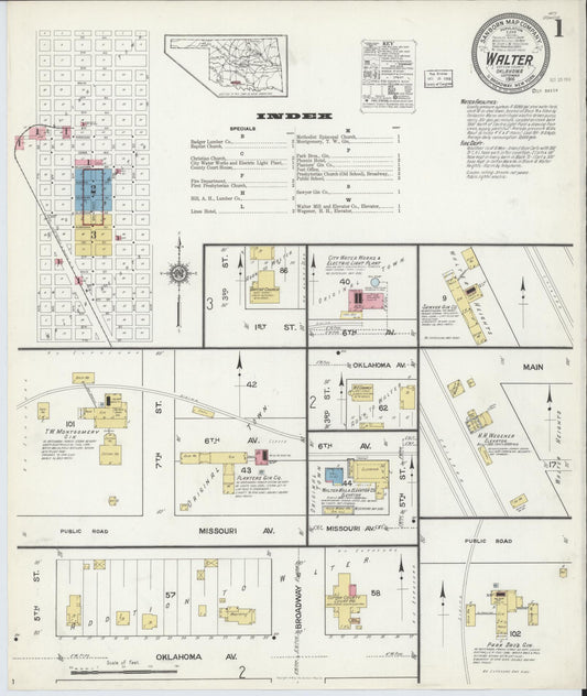 Sanborn Fire Insurance Map from Walters, Cotton County, Oklahoma (1916), Sheet #0001 - Historic Sanborn Fire Insurance Map Print, vintage old map wall art, antique decor, genealogy gift, Oklahoma Oklahoma map