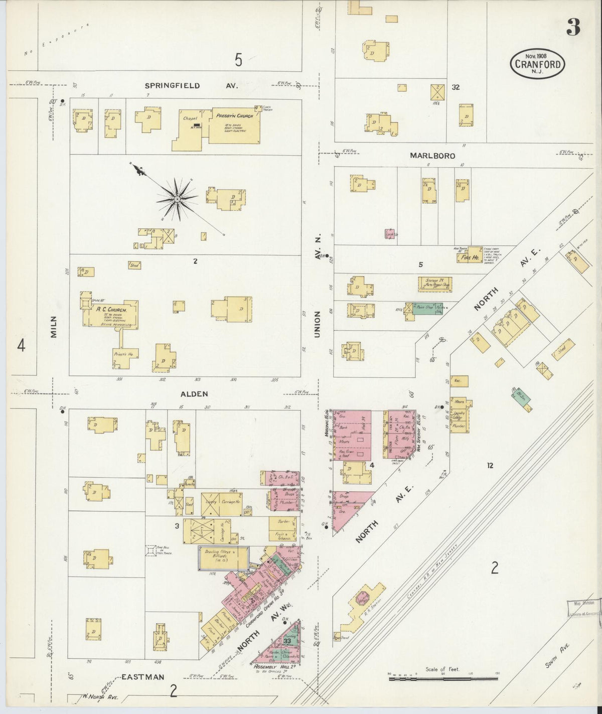 Sanborn Fire Insurance Map from Cranford, Union County, New Jersey (1908), Sheet #0003 - Historic Sanborn Fire Insurance Map Print, vintage old map wall art, antique decor, genealogy gift, New Jersey New Jersey map