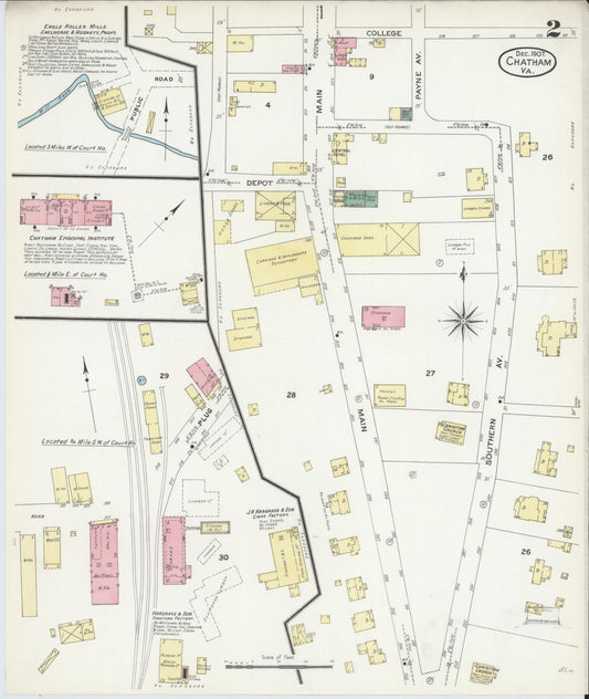 Sanborn Fire Insurance Map from Chatham, Pittsylvania County, Virginia (1907), Sheet #0002 - Historic Sanborn Fire Insurance Map Print, vintage old map wall art, antique decor, genealogy gift, Virginia Virginia map