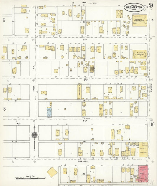 Sanborn Fire Insurance Map from Bremerton, Kitsap County, Washington (1911), Sheet #0009 - Historic Sanborn Fire Insurance Map Print, vintage old map wall art, antique decor, genealogy gift, Washington Washington map