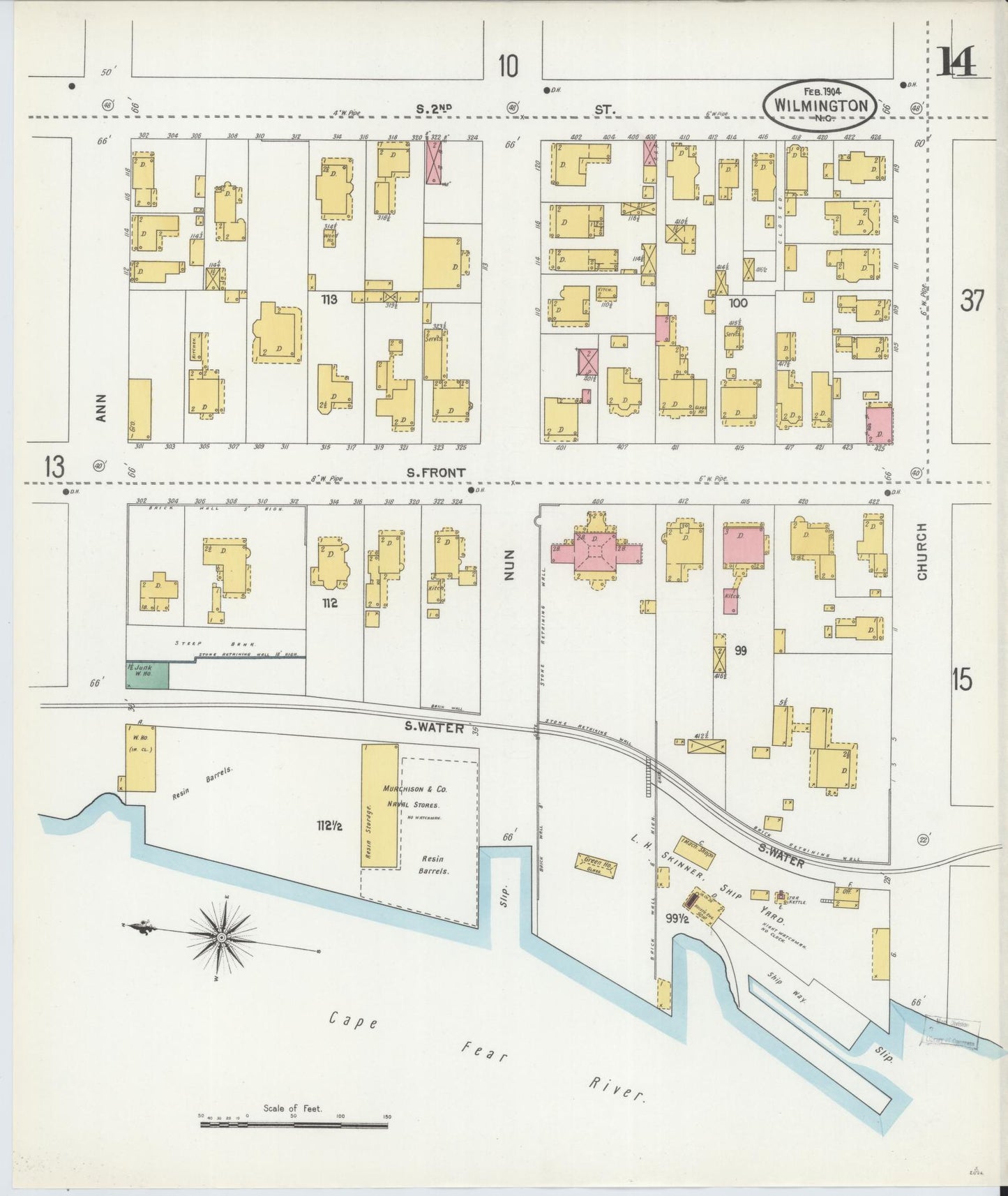 Sanborn Fire Insurance Map from Wilmington, New Hanover County, North Carolina (1904), Sheet #0014 - Historic Sanborn Fire Insurance Map Print, vintage old map wall art, antique decor, genealogy gift, North Carolina North Carolina map