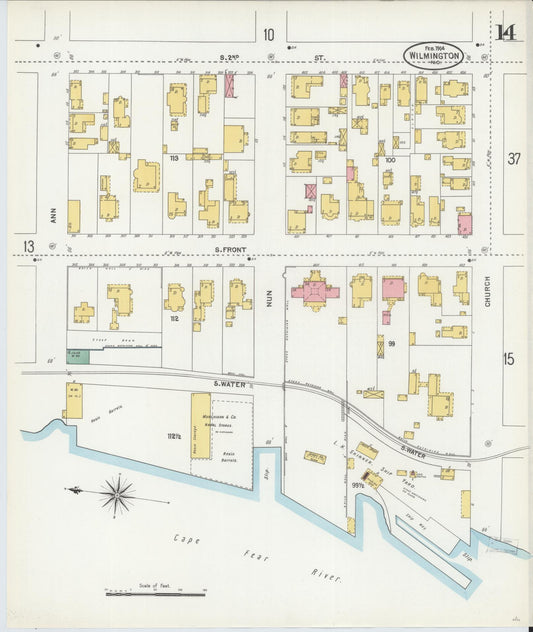 Sanborn Fire Insurance Map from Wilmington, New Hanover County, North Carolina (1904), Sheet #0014 - Historic Sanborn Fire Insurance Map Print, vintage old map wall art, antique decor, genealogy gift, North Carolina North Carolina map