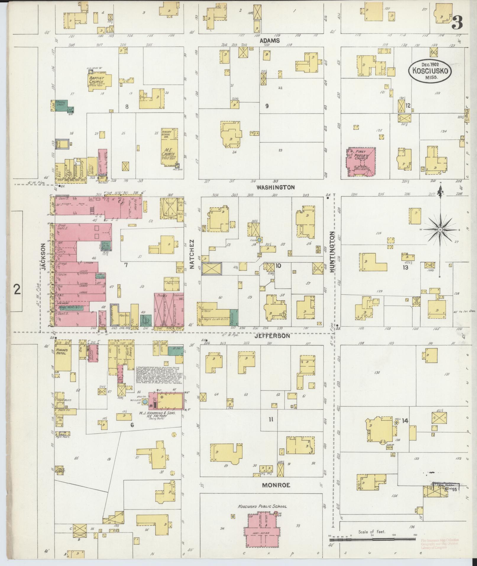 Sanborn Fire Insurance Map from Kosciusko, Attala County, Mississippi (1902), Sheet #0003 - Complete Map Set gallery image, historic Sanborn map, vintage wall art, Mississippi Mississippi