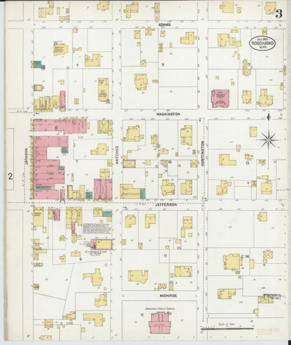 Sanborn Fire Insurance Map from Kosciusko, Attala County, Mississippi (1902), Sheet #0003 - Complete Map Set gallery image, historic Sanborn map, vintage wall art, Mississippi Mississippi