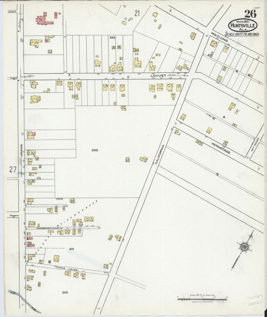Sanborn Fire Insurance Map from Huntsville, Madison County, Alabama (1921), Sheet #0026 - Historic Sanborn Fire Insurance Map Print, vintage old map wall art, antique decor, genealogy gift, Alabama Alabama map