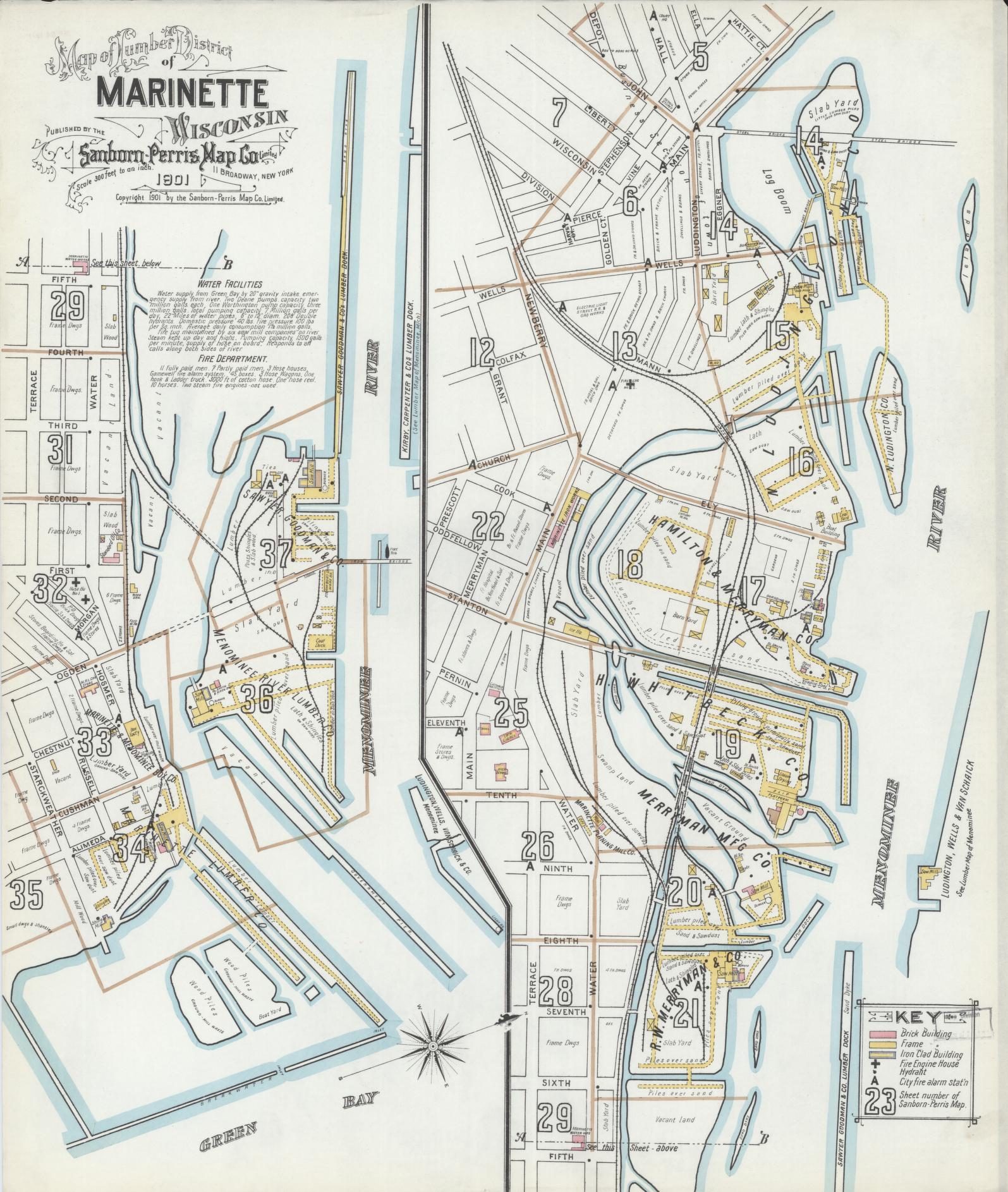 Sanborn Fire Insurance Map from Marinette, Marinette County, Wisconsin (1901), Sheet #0001 - Historic Sanborn Fire Insurance Map Print, vintage old map wall art, antique decor, genealogy gift, Wisconsin Wisconsin map
