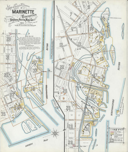 Sanborn Fire Insurance Map from Marinette, Marinette County, Wisconsin (1901), Sheet #0001 - Historic Sanborn Fire Insurance Map Print, vintage old map wall art, antique decor, genealogy gift, Wisconsin Wisconsin map