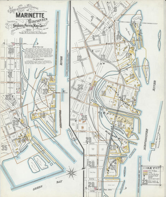 Sanborn Fire Insurance Map from Marinette, Marinette County, Wisconsin (1901), Sheet #0001 - Historic Sanborn Fire Insurance Map Print, vintage old map wall art, antique decor, genealogy gift, Wisconsin Wisconsin map