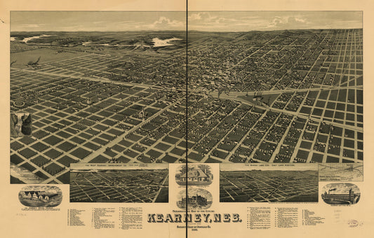 Perspective map of the city of Kearney, Neb. county seat of Buffalo Co. 1889. (1889) – Historic Bird’s-Eye View Panorama Print