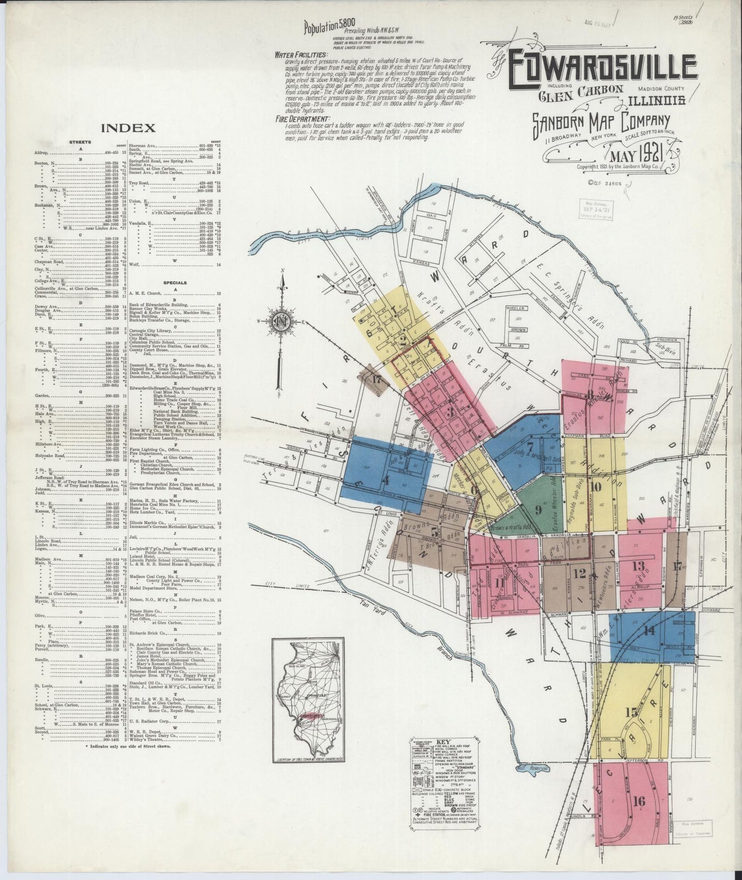 Sanborn Fire Insurance Map from Edwardsville, Madison County, Illinois (1921), Sheet #0001 - Historic Sanborn Fire Insurance Map Print, vintage old map wall art, antique decor, genealogy gift, Illinois Illinois map