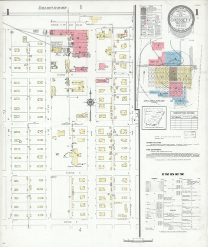 Sanborn Fire Insurance Map from Crossett, Ashley County, Arkansas (1943), Sheet #0001 - Complete Map Set gallery image, historic Sanborn map, vintage wall art, Arkansas Arkansas