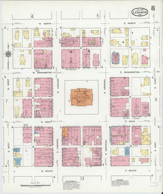 Sanborn Fire Insurance Map from Lebanon, Boone County, Indiana (1919), Sheet #0008 - Historic Sanborn Fire Insurance Map Print, vintage old map wall art, antique decor, genealogy gift, Indiana Indiana map