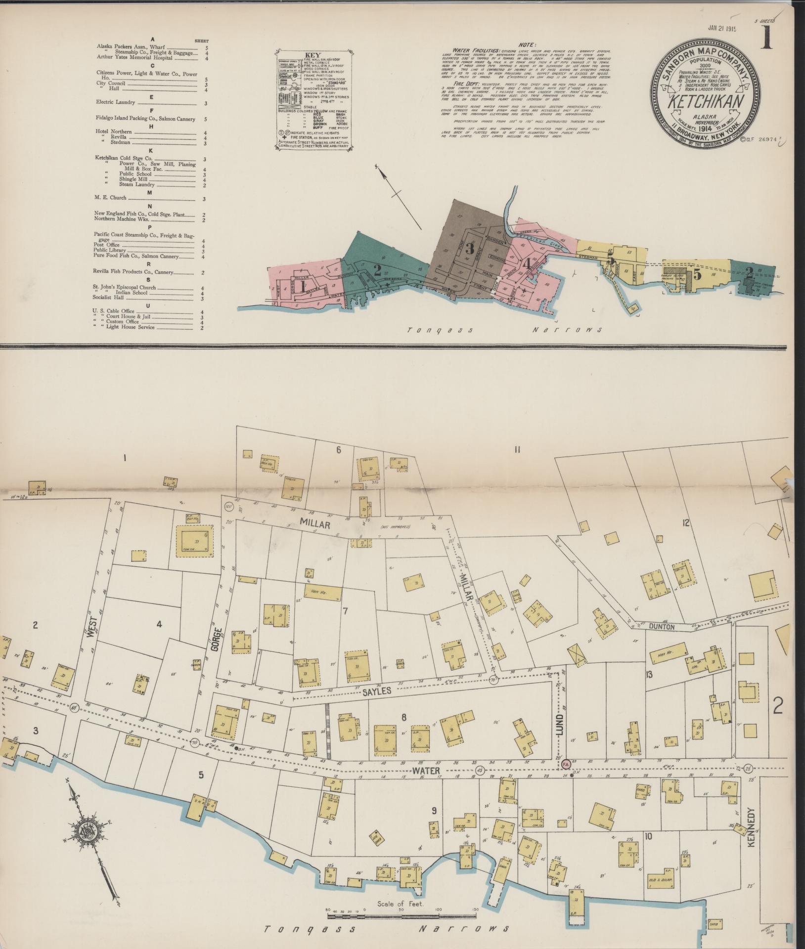 Sanborn Fire Insurance Map from Ketchikan, Ketchikan Census Division, Alaska (1914), Sheet #0001 - Historic Sanborn Fire Insurance Map Print, vintage old map wall art, antique decor, genealogy gift, Alaska Alaska map