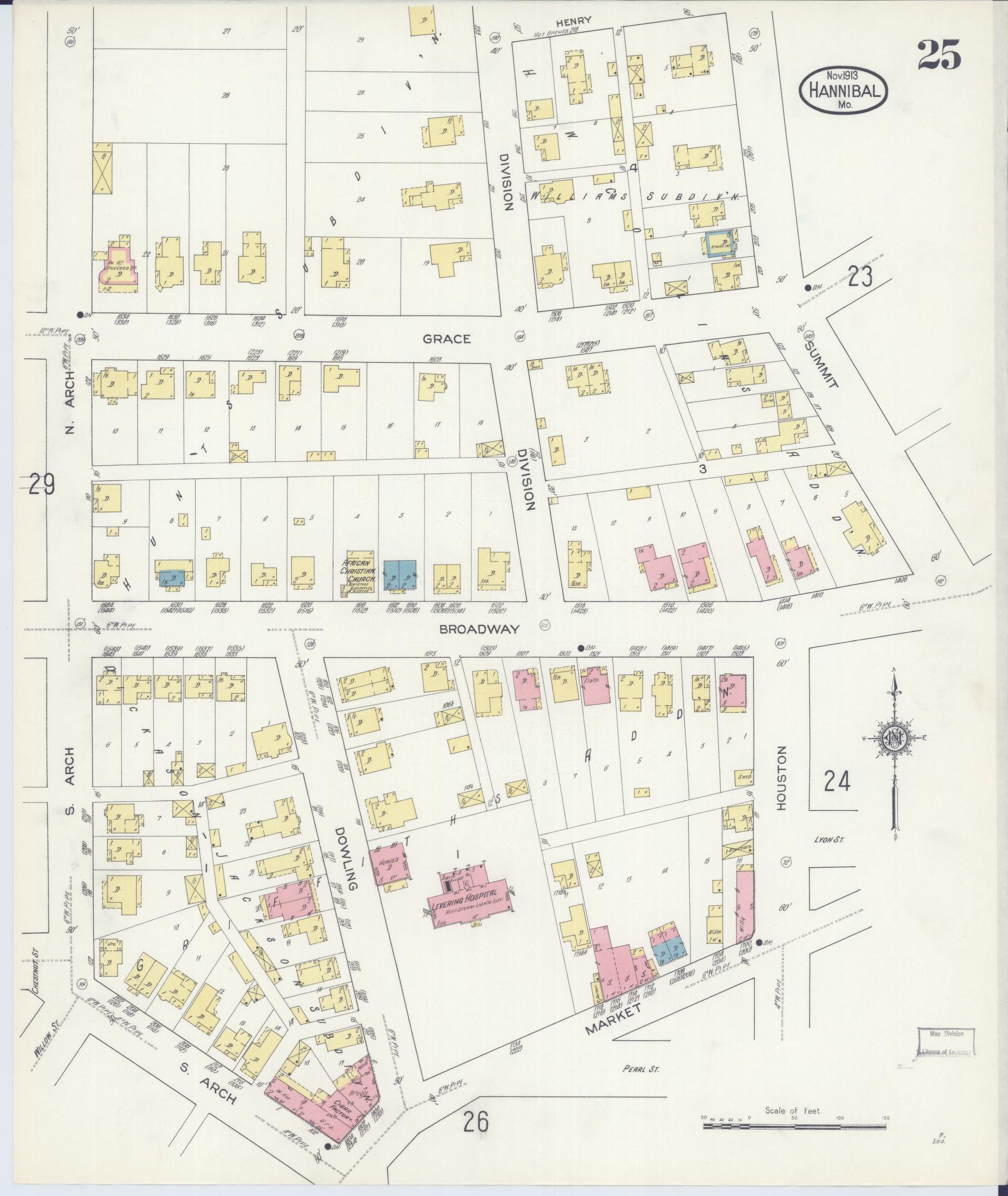 Sanborn Fire Insurance Map from Hannibal, Marion County, Missouri (1913), Sheet #0025 - Historic Sanborn Fire Insurance Map Print, vintage old map wall art, antique decor, genealogy gift, Missouri Missouri map