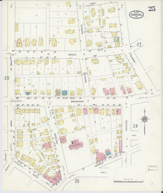 Sanborn Fire Insurance Map from Hannibal, Marion County, Missouri (1913), Sheet #0025 - Historic Sanborn Fire Insurance Map Print, vintage old map wall art, antique decor, genealogy gift, Missouri Missouri map