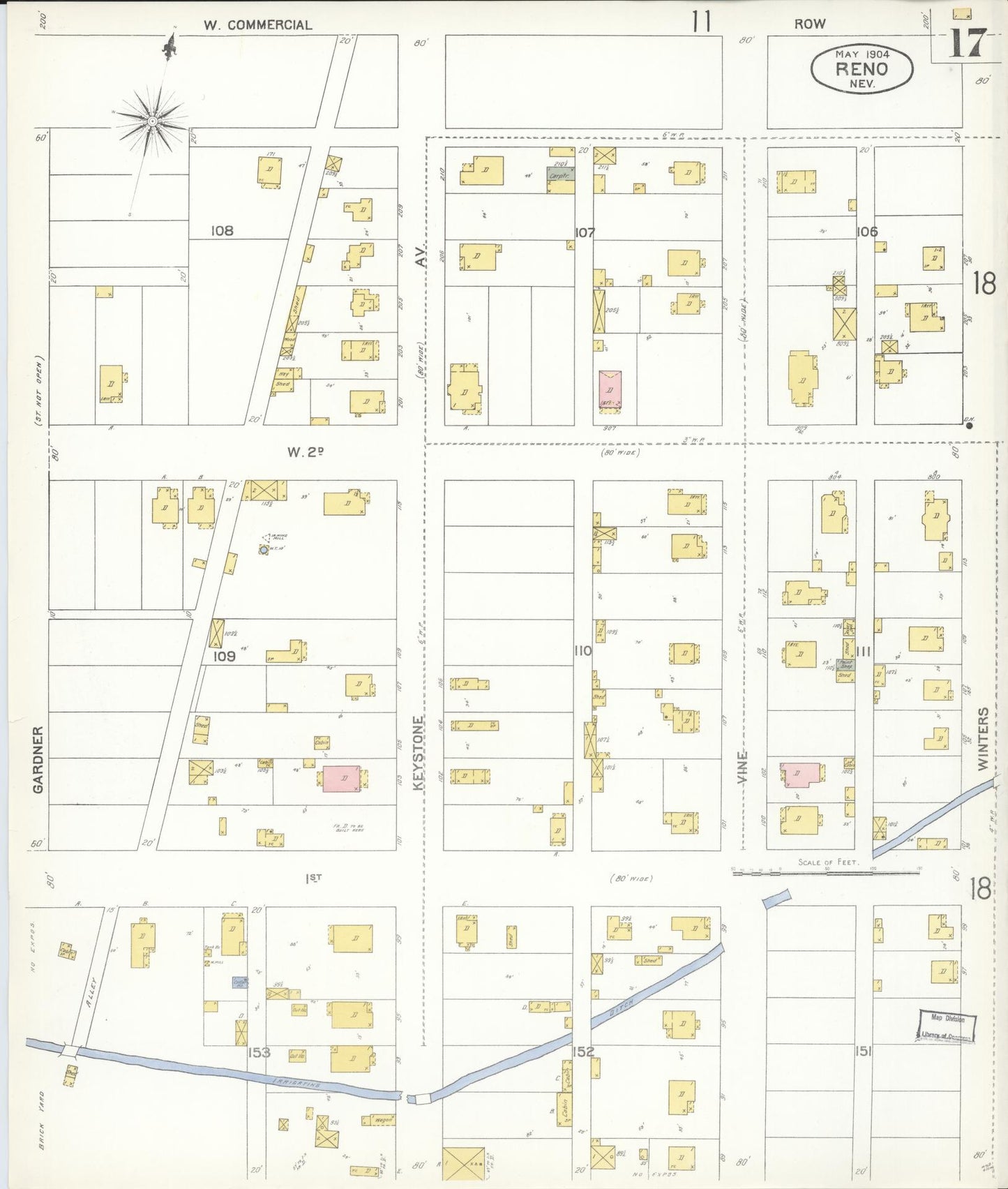 Sanborn Fire Insurance Map from Reno, Washoe County, Nevada (1904), Sheet #0017 - Complete Map Set gallery image, historic Sanborn map, vintage wall art, Nevada Nevada