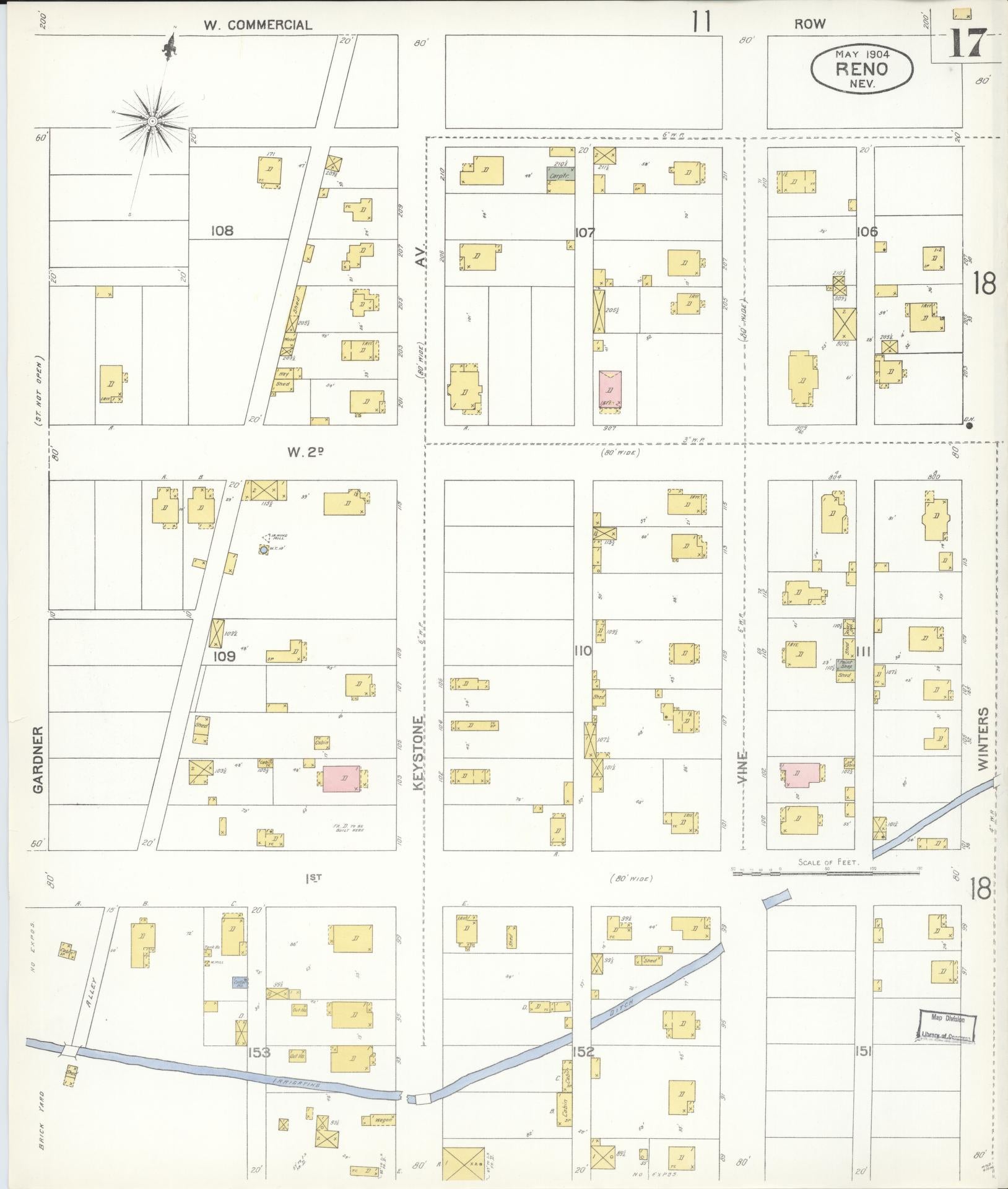 Sanborn Fire Insurance Map from Reno, Washoe County, Nevada (1904), Sheet #0017 - Complete Map Set gallery image, historic Sanborn map, vintage wall art, Nevada Nevada