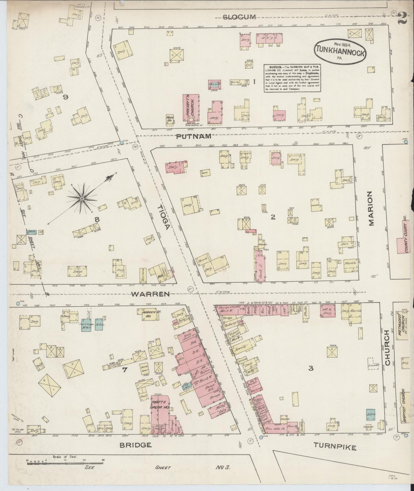 Sanborn Fire Insurance Map from Tunkhannock, Wyoming County, Pennsylvania (1884), Sheet #0002 - Historic Sanborn Fire Insurance Map Print, vintage old map wall art, antique decor, genealogy gift, Tunkhannock Wyoming map