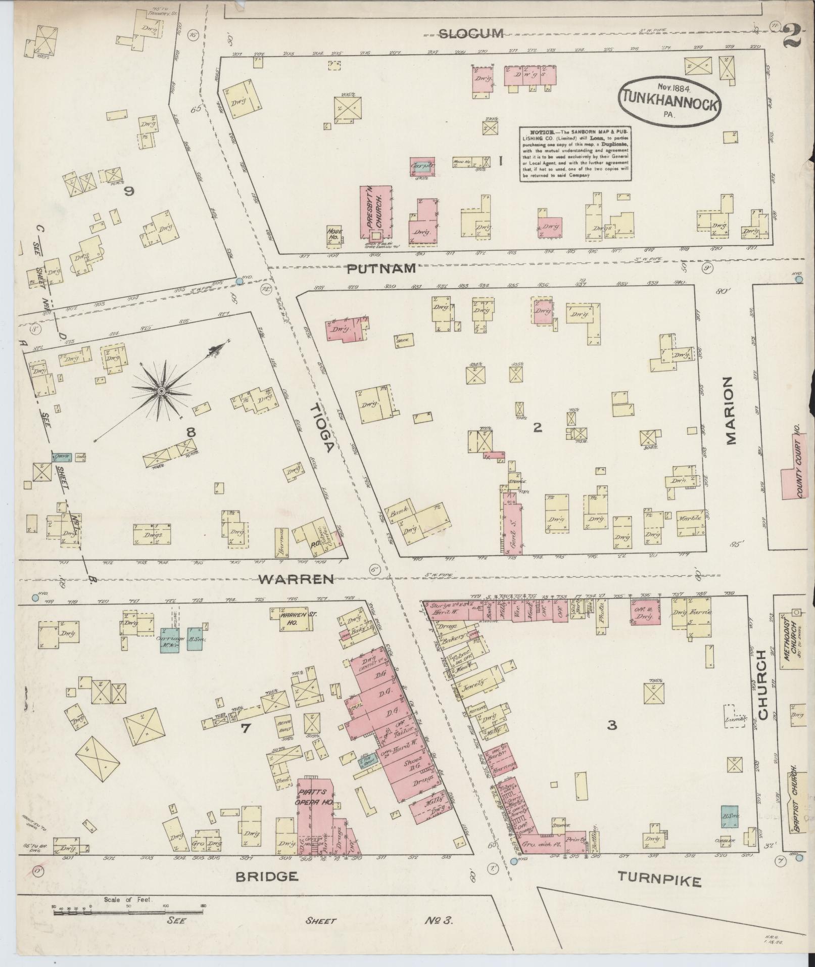 Sanborn Fire Insurance Map from Tunkhannock, Wyoming County, Pennsylvania (1884), Sheet #0002 - Historic Sanborn Fire Insurance Map Print, vintage old map wall art, antique decor, genealogy gift, Tunkhannock Wyoming map