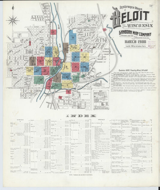 Sanborn Fire Insurance Map from Beloit, Rock County, Wisconsin (1908), Sheet #0001 - Complete Map Set gallery image, historic Sanborn map, vintage wall art, Wisconsin Wisconsin