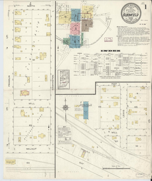 Sanborn Fire Insurance Map from Bloomfield, Greene County, Indiana (1913), Sheet #0001 - Historic Sanborn Fire Insurance Map Print, vintage old map wall art, antique decor, genealogy gift, Indiana Indiana map