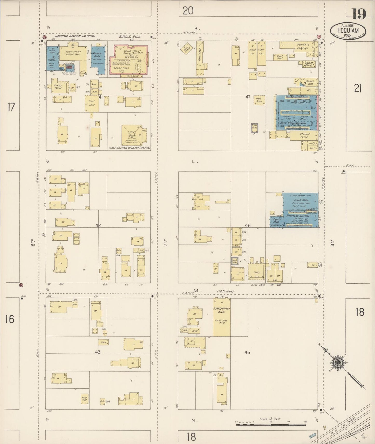 Sanborn Fire Insurance Map from Hoquiam, Grays Harbor County, Washington (1916), Sheet #0019 - Complete Map Set gallery image, historic Sanborn map, vintage wall art, Washington Washington