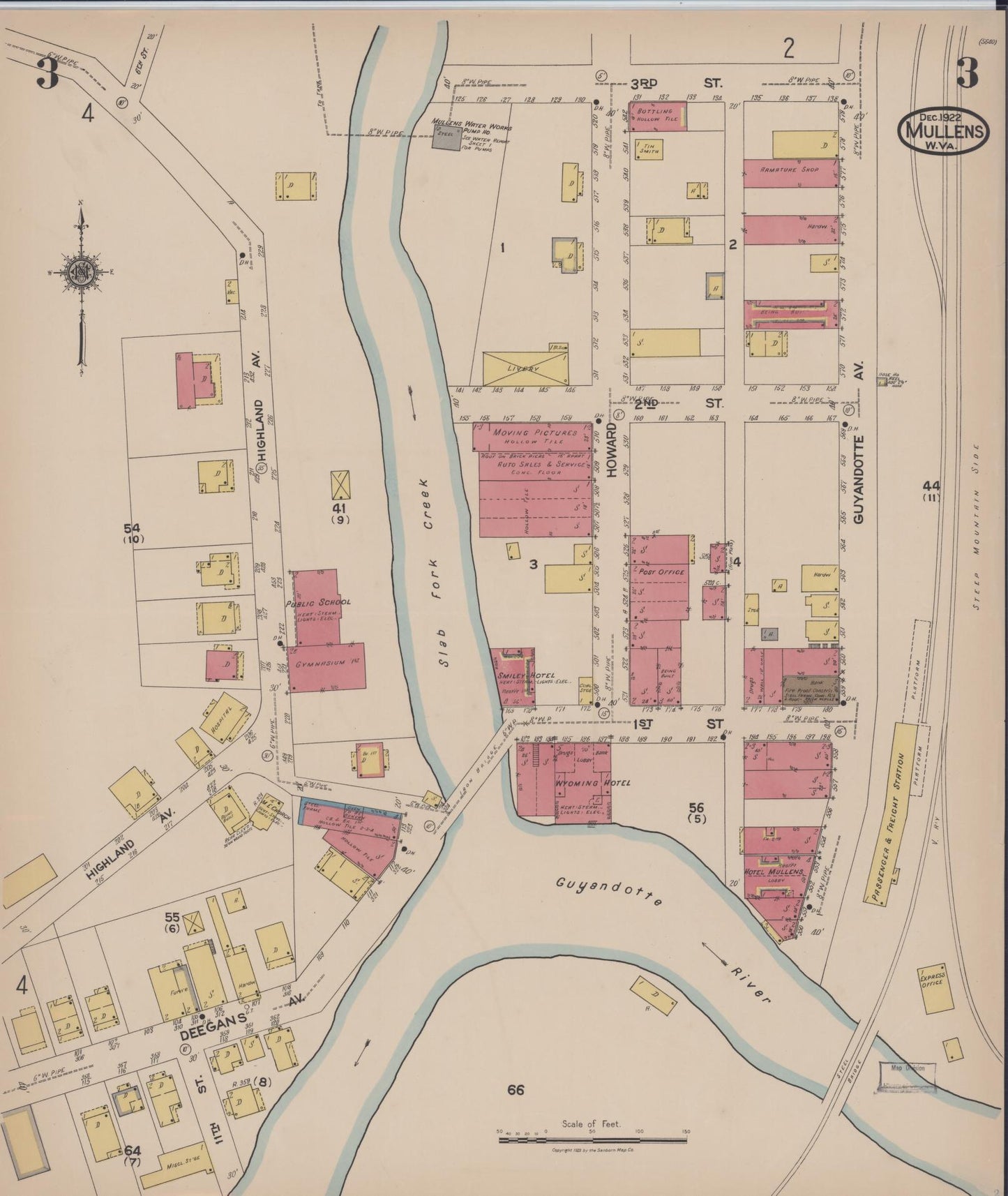 Sanborn Fire Insurance Map from Mullens, Wyoming County, West Virginia (1922), Sheet #0003 - Historic Sanborn Fire Insurance Map Print, vintage old map wall art, antique decor, genealogy gift, Mullens Wyoming map