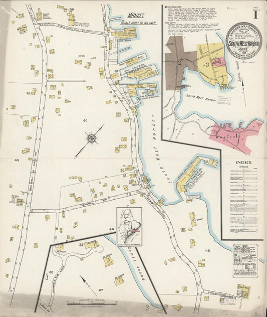 Sanborn Fire Insurance Map from Southwest Harbor, Hancock County, Maine (1921), Sheet #0001 - Historic Sanborn Fire Insurance Map Print, vintage old map wall art, antique decor, genealogy gift, Maine Maine map