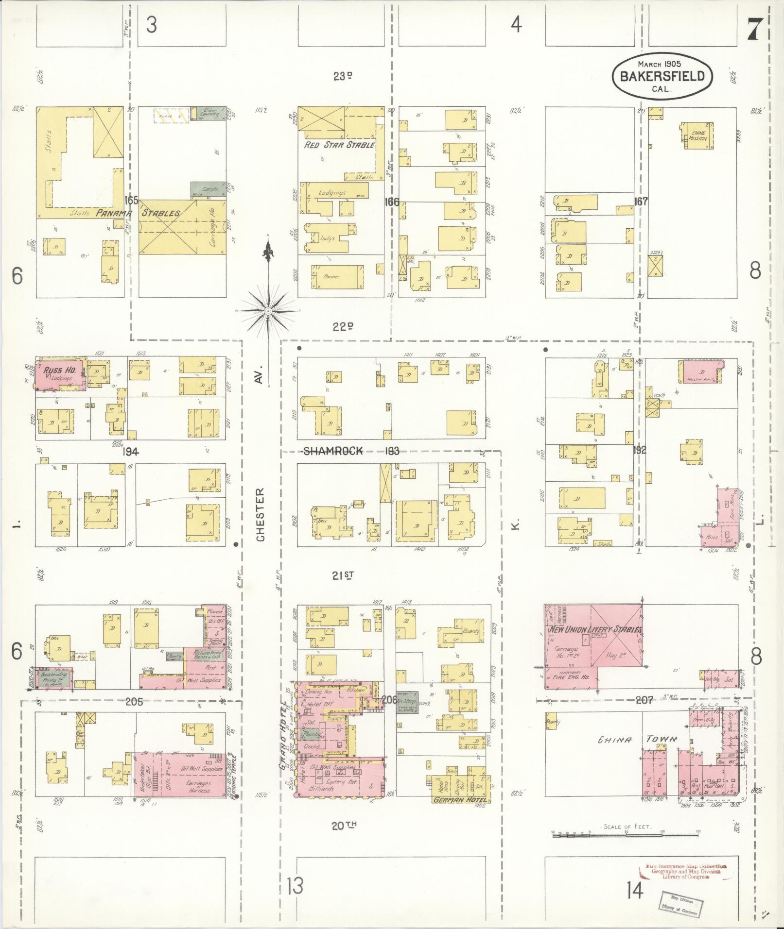 Sanborn Fire Insurance Map from Bakersfield, Kern County, California (1905), Sheet #0007 - Historic Sanborn Fire Insurance Map Print, vintage old map wall art, antique decor, genealogy gift, California California map