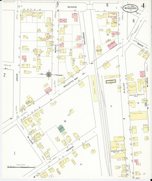 Sanborn Fire Insurance Map from Winooski, Chittenden County, Vermont (1909), Sheet #0004 - Historic Sanborn Fire Insurance Map Print, vintage old map wall art, antique decor, genealogy gift, Vermont Vermont map