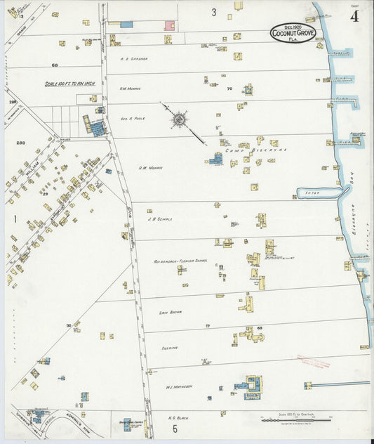 Sanborn Fire Insurance Map from Coconut Grove, Dade County, Florida (1920), Sheet #0004 - Historic Sanborn Fire Insurance Map Print, vintage old map wall art, antique decor, genealogy gift, Florida Florida map