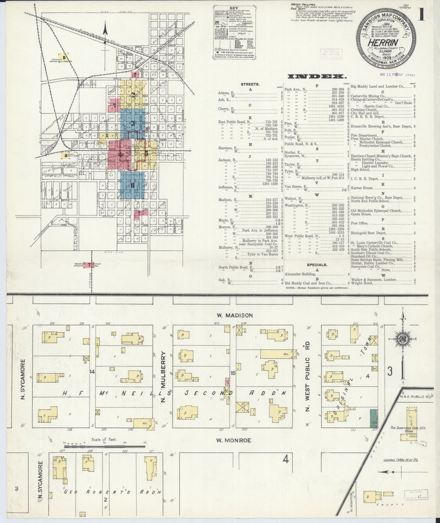 Sanborn Fire Insurance Map from Herrin, Williamson County, Illinois (1909), Sheet #0001 - Complete Map Set gallery image, historic Sanborn map, vintage wall art, Illinois Illinois