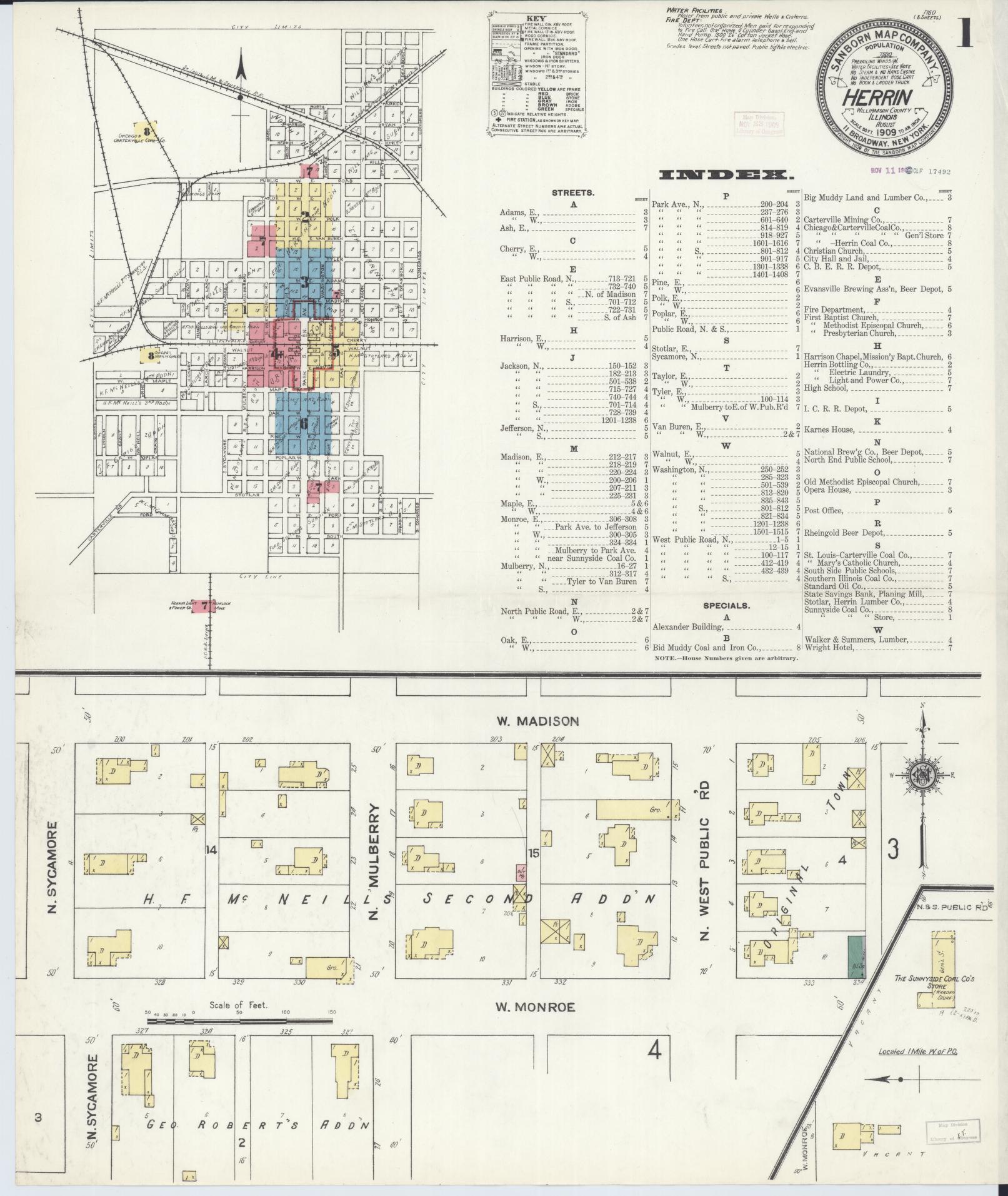 Sanborn Fire Insurance Map from Herrin, Williamson County, Illinois (1909), Sheet #0001 - Complete Map Set gallery image, historic Sanborn map, vintage wall art, Illinois Illinois