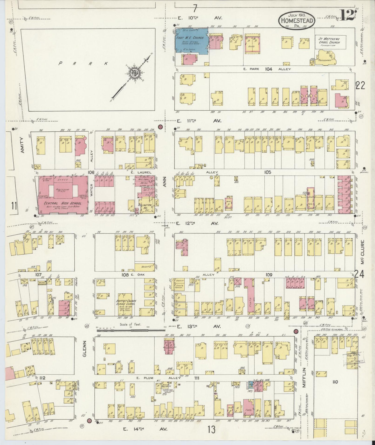 Sanborn Fire Insurance Map from Homestead, Allegheny County, Pennsylvania (1913), Sheet #0012 - Historic Sanborn Fire Insurance Map Print, vintage old map wall art, antique decor, genealogy gift, Pennsylvania Pennsylvania map
