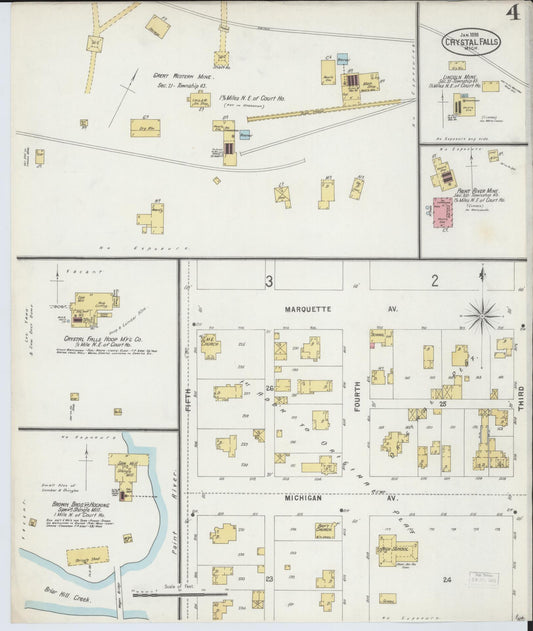 Sanborn Fire Insurance Map from Crystal Falls, Iron County, Michigan (1898), Sheet #0004 - Historic Sanborn Fire Insurance Map Print, vintage old map wall art, antique decor, genealogy gift, Michigan Michigan map