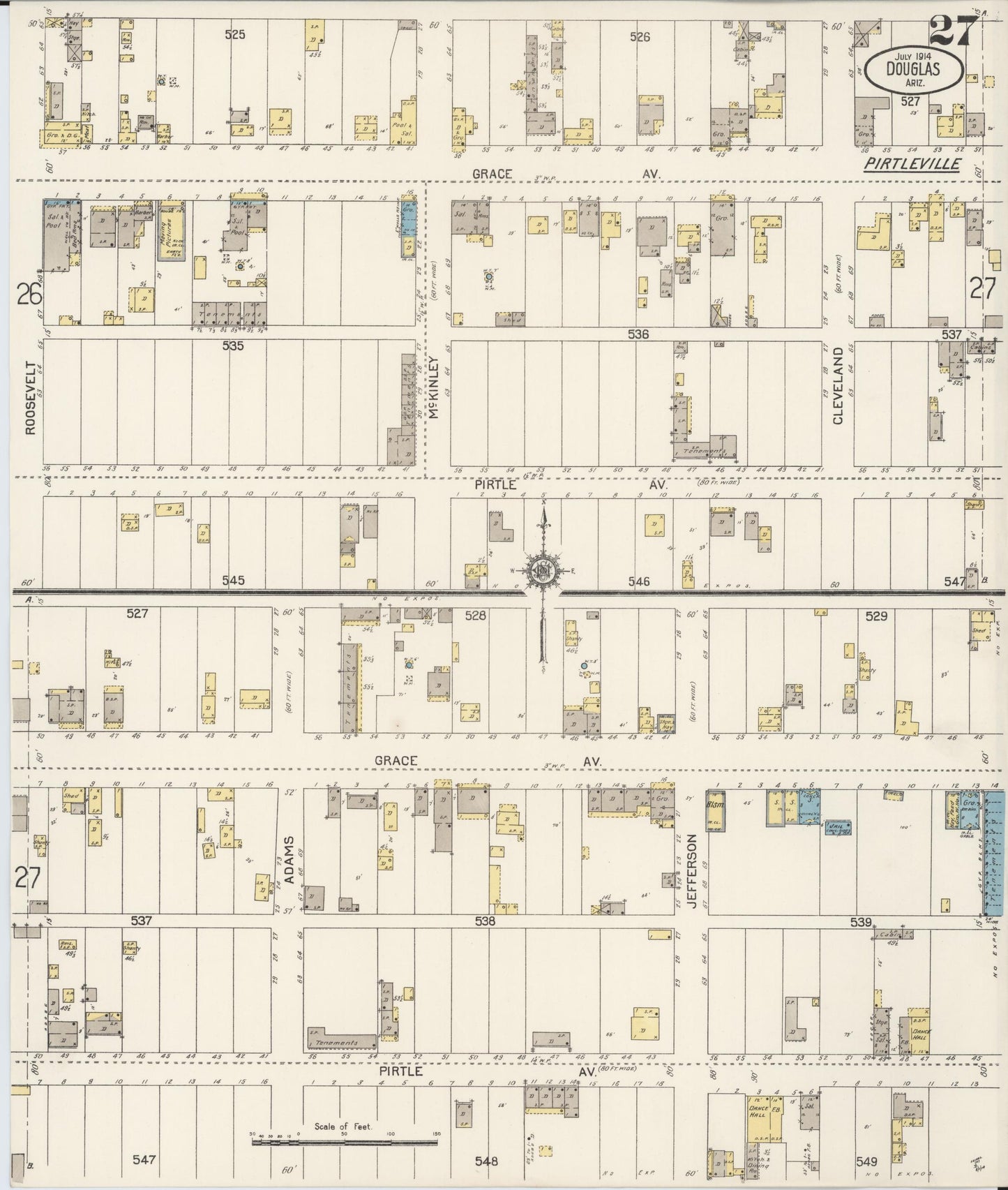 Sanborn Fire Insurance Map from Douglas, Cochise County, Arizona (1914), Sheet #0027 - Complete Map Set gallery image, historic Sanborn map, vintage wall art, Arizona Arizona