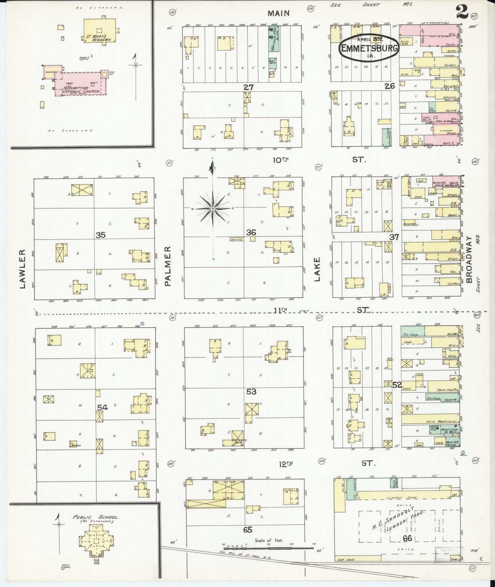 Sanborn Fire Insurance Map from Emmetsburg, Palo Alto County, Iowa (1892), Sheet #0002 - Historic Sanborn Fire Insurance Map Print, vintage old map wall art
