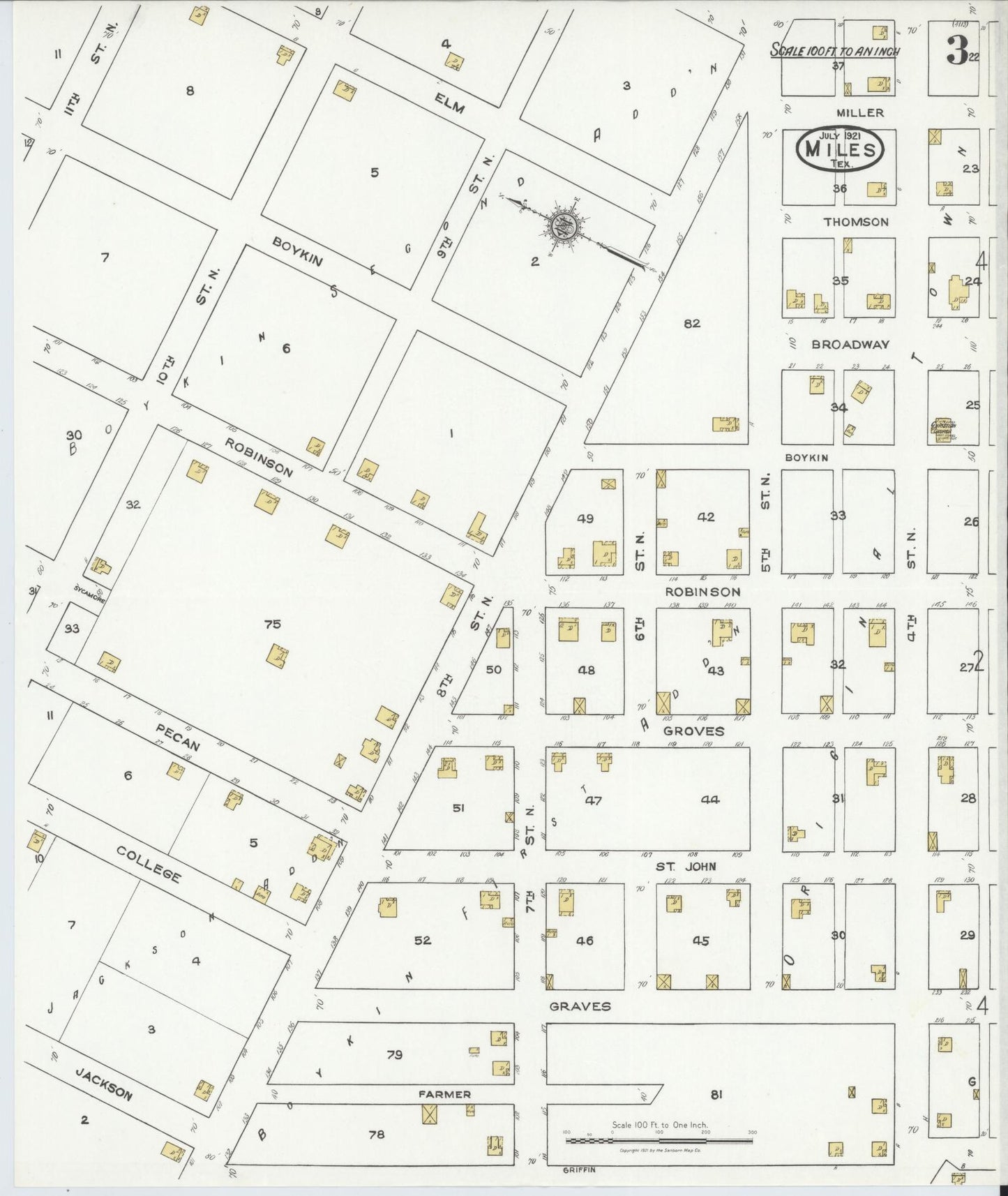 Sanborn Fire Insurance Map from Miles, Runnels County, Texas (1921), Sheet #0003 - Historic Sanborn Fire Insurance Map Print, vintage old map wall art, antique decor, genealogy gift, Texas Texas map