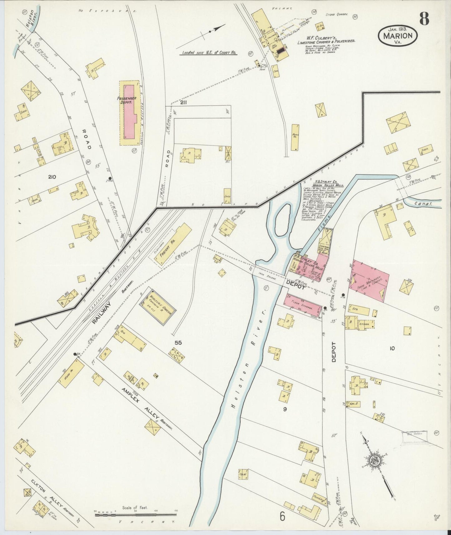 Sanborn Fire Insurance Map from Marion, Smyth County, Virginia (1913), Sheet #0008 - Complete Map Set gallery image, historic Sanborn map, vintage wall art, Virginia Virginia