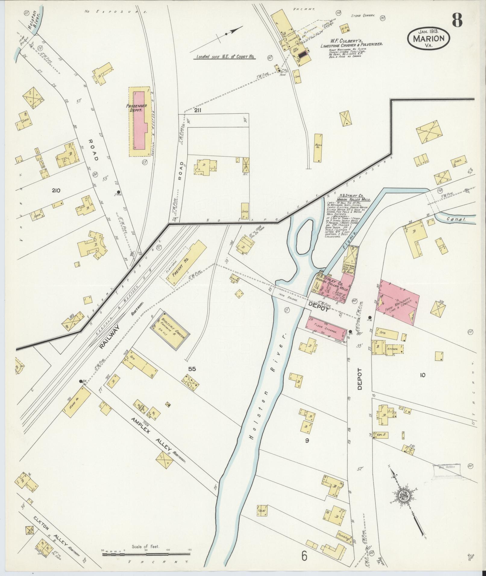 Sanborn Fire Insurance Map from Marion, Smyth County, Virginia (1913), Sheet #0008 - Complete Map Set gallery image, historic Sanborn map, vintage wall art, Virginia Virginia