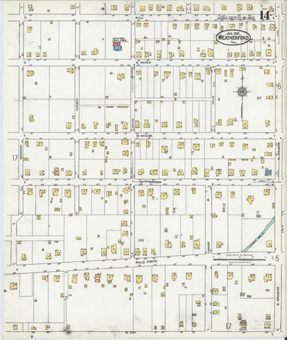 Sanborn Fire Insurance Map from Weatherford, Parker County, Texas (1921), Sheet #0014 - Historic Sanborn Fire Insurance Map Print, vintage old map wall art, antique decor, genealogy gift, Texas Texas map