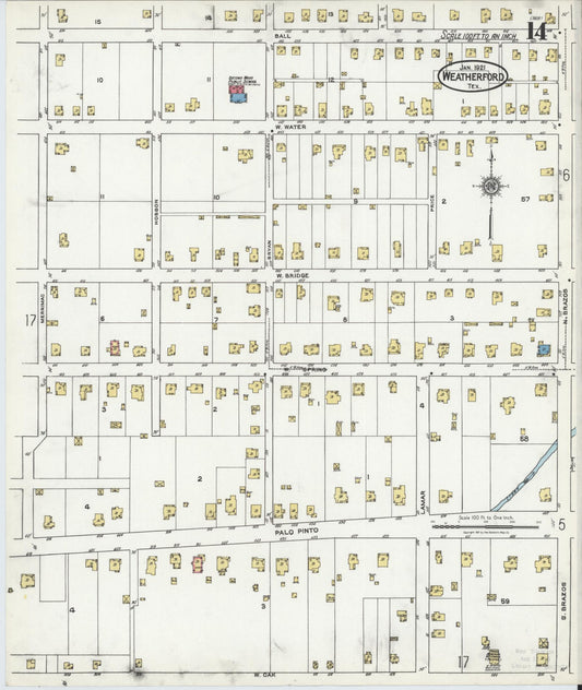 Sanborn Fire Insurance Map from Weatherford, Parker County, Texas (1921), Sheet #0014 - Historic Sanborn Fire Insurance Map Print, vintage old map wall art, antique decor, genealogy gift, Texas Texas map