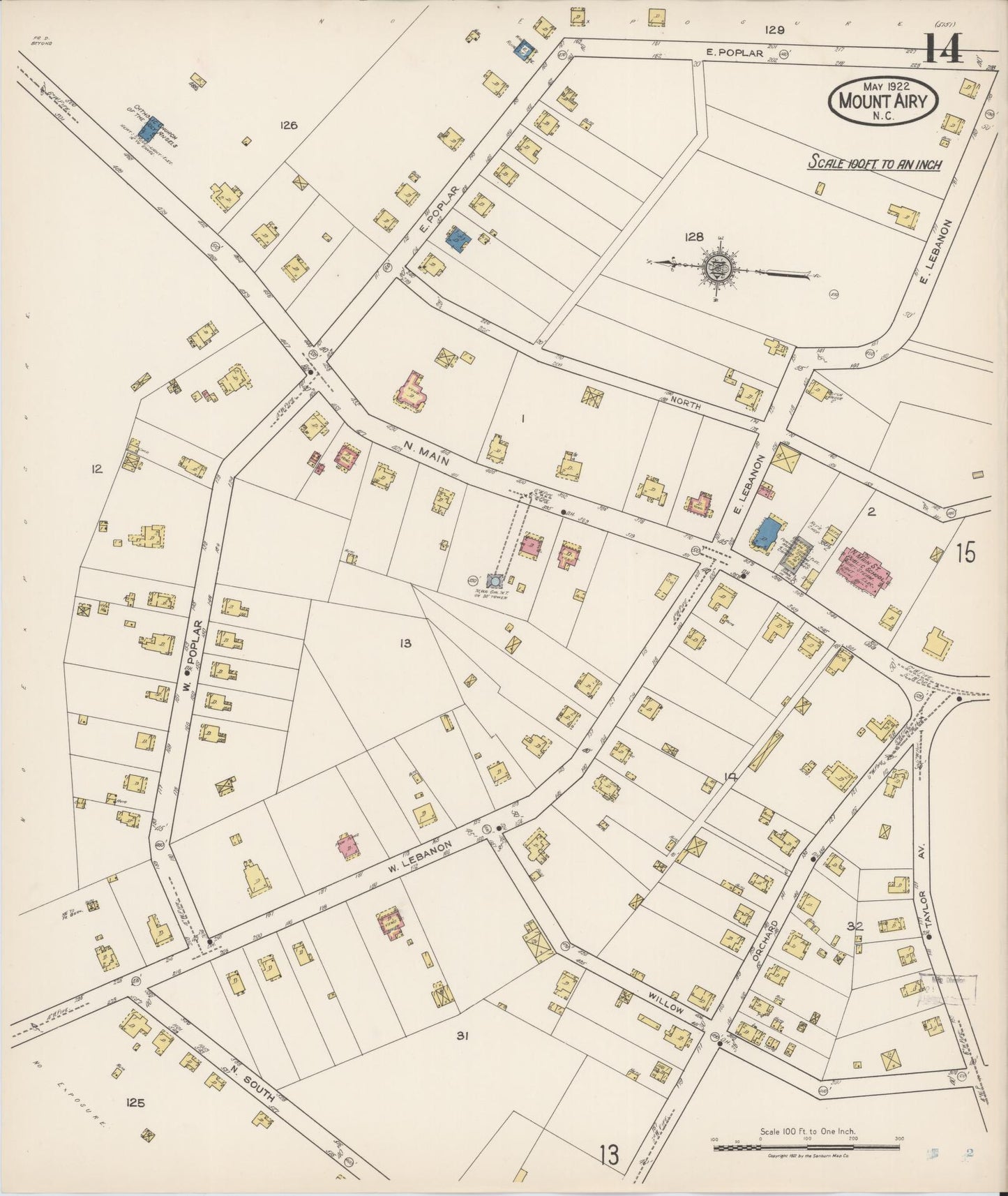 Sanborn Fire Insurance Map from Mount Airy, Surry County, North Carolina (1922), Sheet #0014 - Historic Sanborn Fire Insurance Map Print, vintage old map wall art, antique decor, genealogy gift, North Carolina North Carolina map