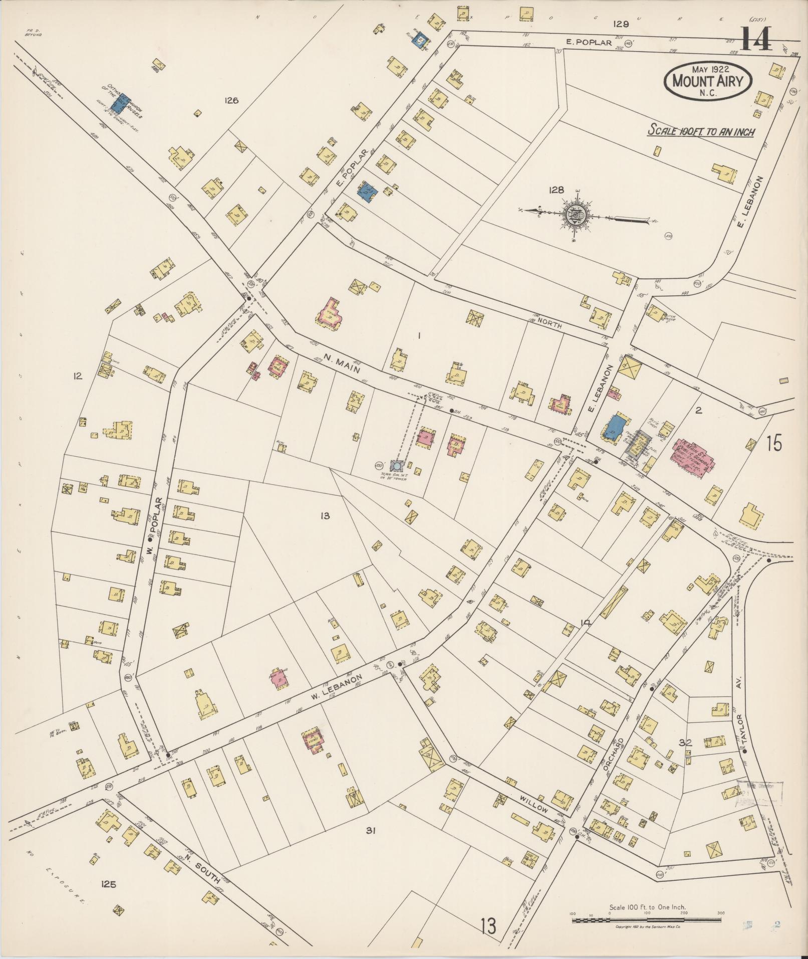 Sanborn Fire Insurance Map from Mount Airy, Surry County, North Carolina (1922), Sheet #0014 - Historic Sanborn Fire Insurance Map Print, vintage old map wall art, antique decor, genealogy gift, North Carolina North Carolina map