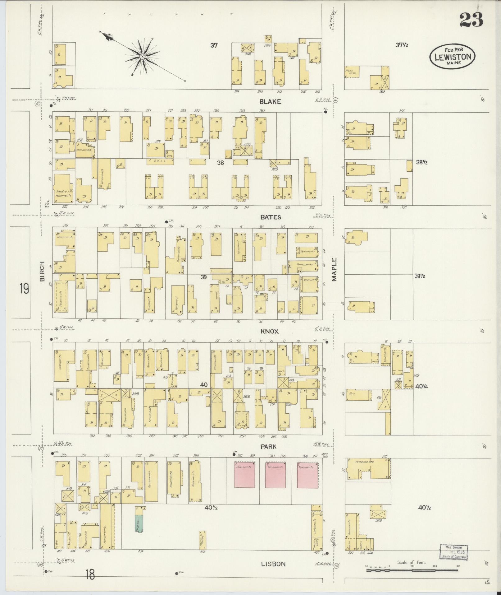 Sanborn Fire Insurance Map from Lewiston, Androscoggin County, Maine (1908), Sheet #0023 - Historic Sanborn Fire Insurance Map Print, vintage old map wall art, antique decor, genealogy gift, Maine Maine map