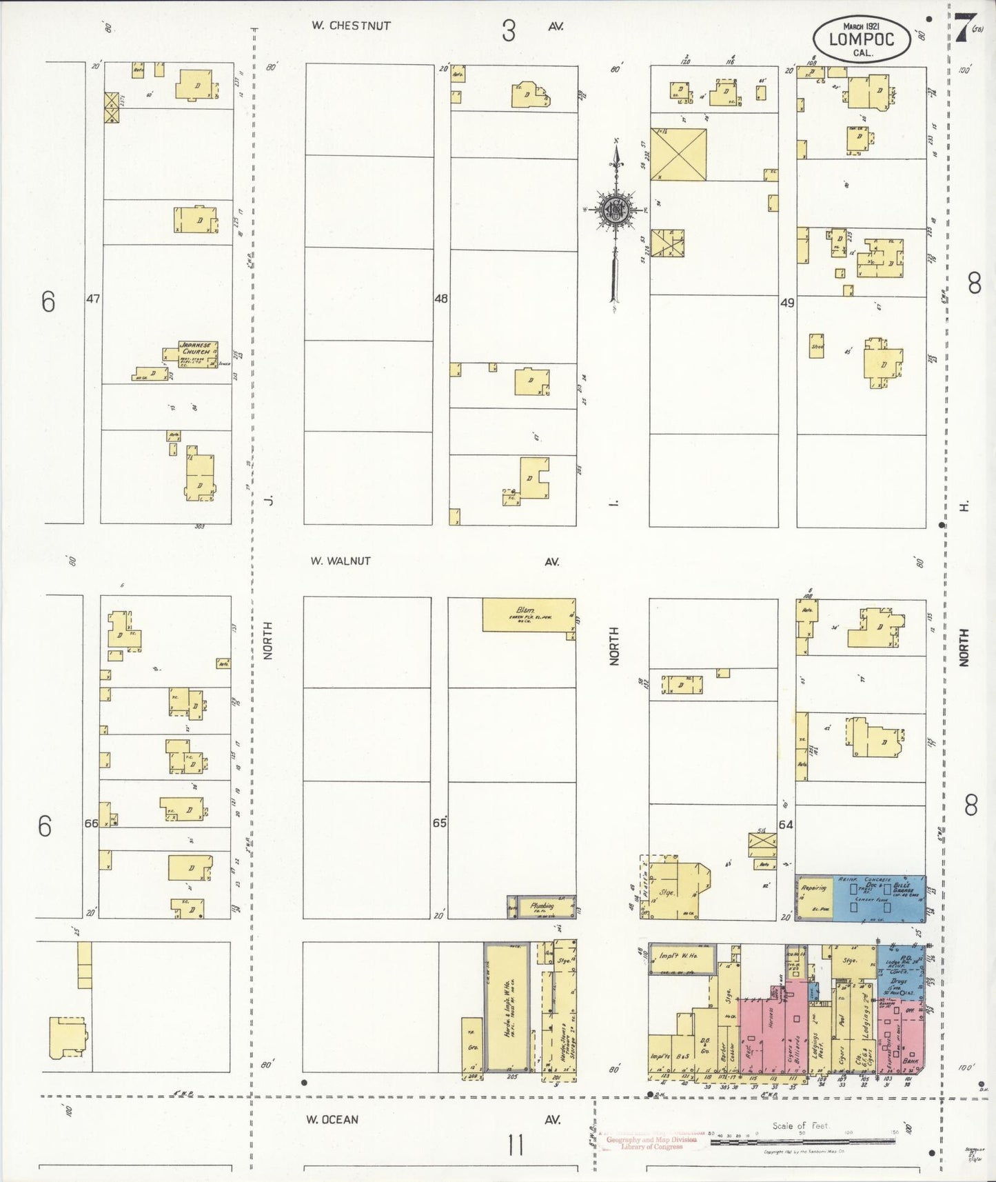 Sanborn Fire Insurance Map from Lompoc, Santa Barbara County, California (1921), Sheet #0007 - Historic Sanborn Fire Insurance Map Print, vintage old map wall art, antique decor, genealogy gift, California California map