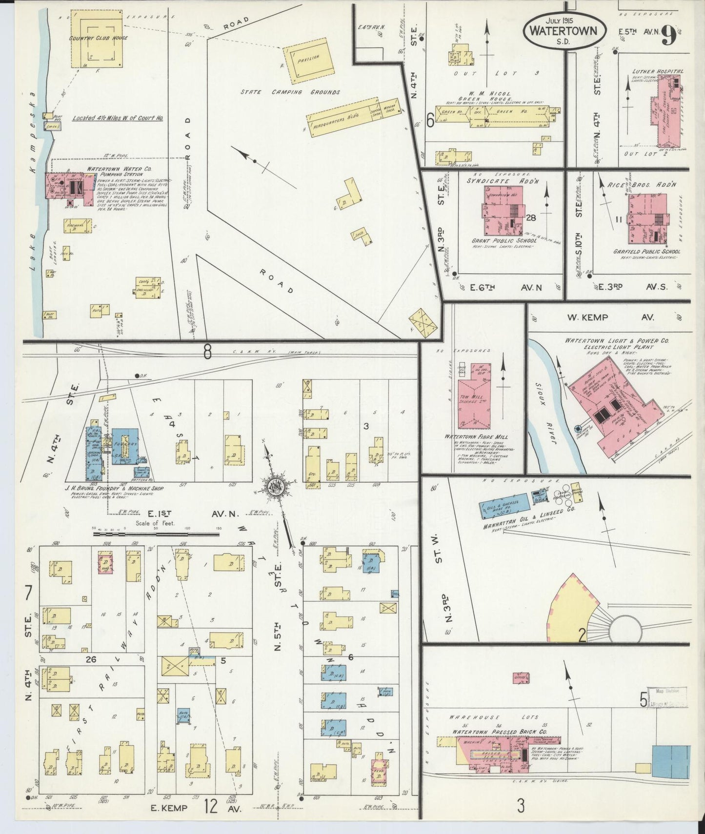 Sanborn Fire Insurance Map from Watertown, Codington County, South Dakota (1915), Sheet #0009 - Complete Map Set gallery image, historic Sanborn map, vintage wall art, South Dakota South Dakota