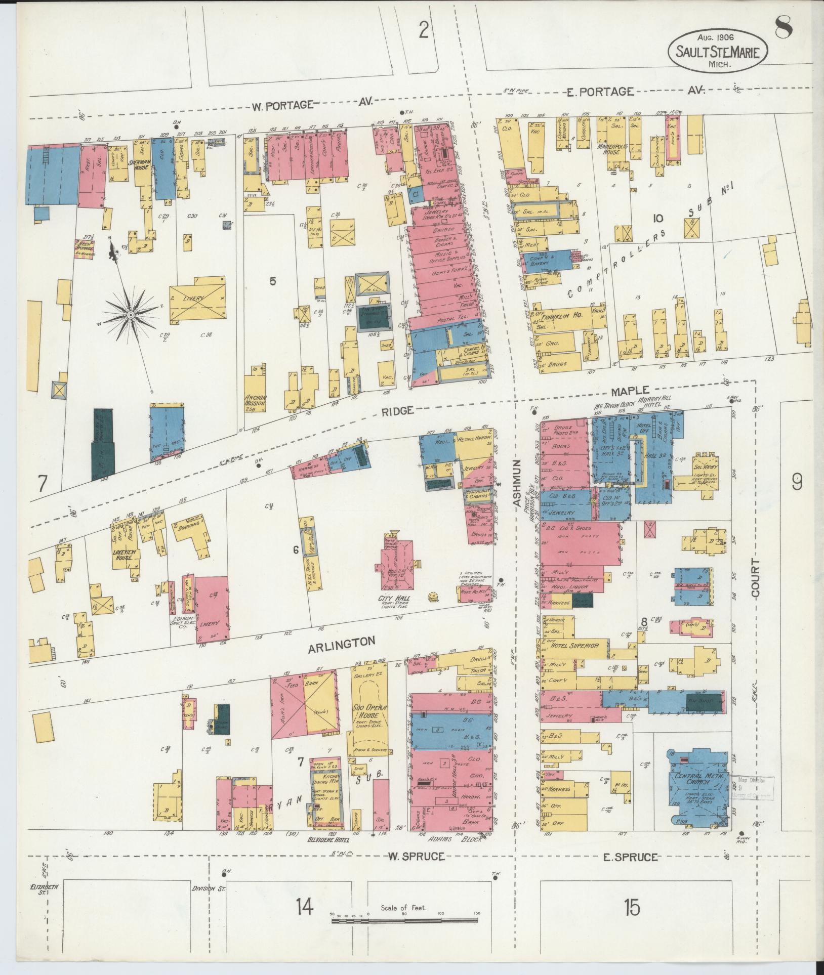Sanborn Fire Insurance Map from Sault Sainte Marie, Chippewa County, Michigan (1906), Sheet #0008 - Complete Map Set gallery image, historic Sanborn map, vintage wall art, Michigan Michigan