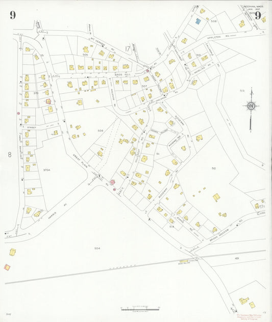 Sanborn Fire Insurance Map from Needham, Norfolk County, Massachusetts (1937), Sheet #0009 - Historic Sanborn Fire Insurance Map Print, vintage old map wall art, antique decor, genealogy gift, Massachusetts Massachusetts map