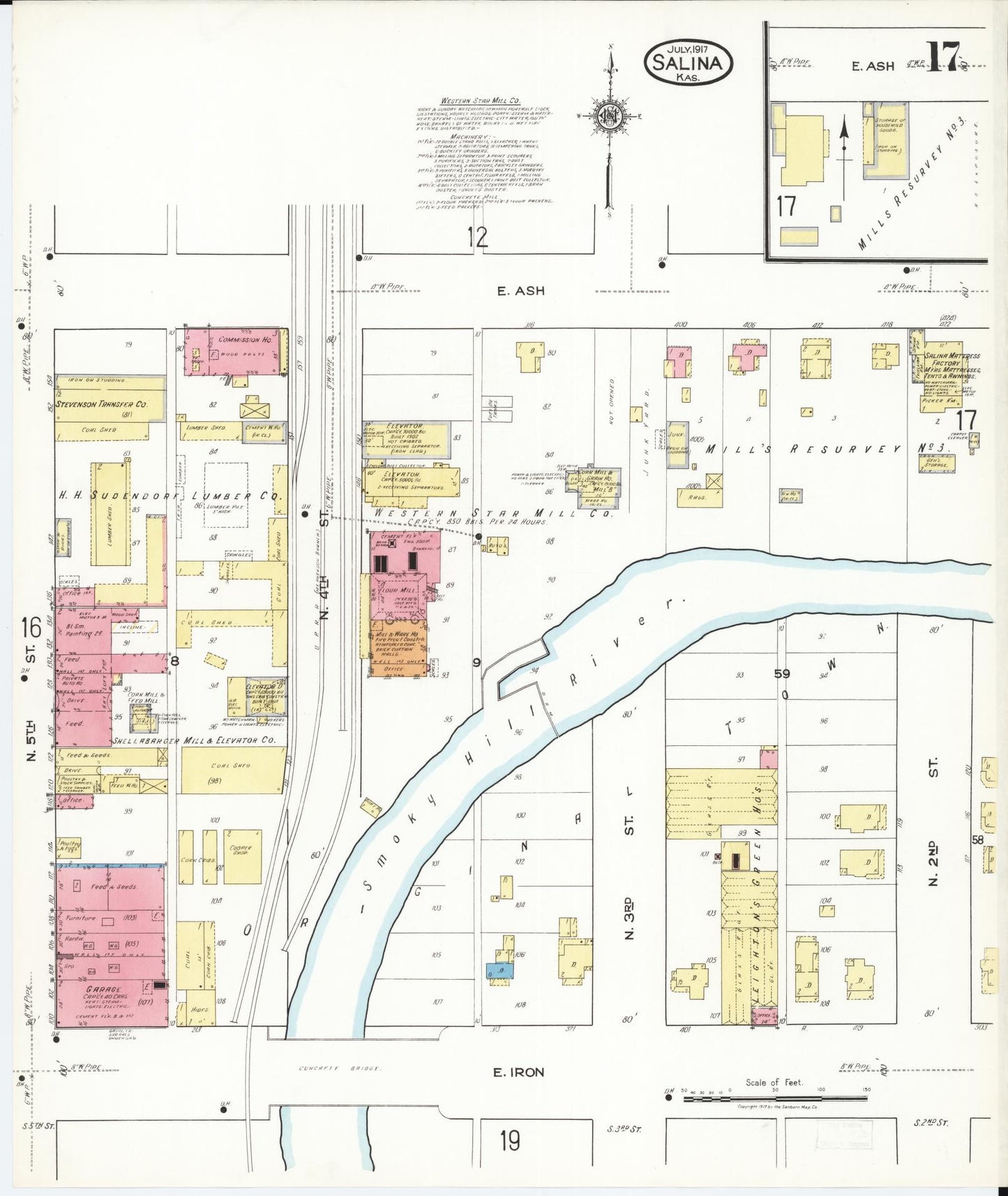 Sanborn Fire Insurance Map from Salina, Saline County, Kansas (1917), Sheet #0017 - Historic Sanborn Fire Insurance Map Print, vintage old map wall art, antique decor, genealogy gift, Kansas Kansas map
